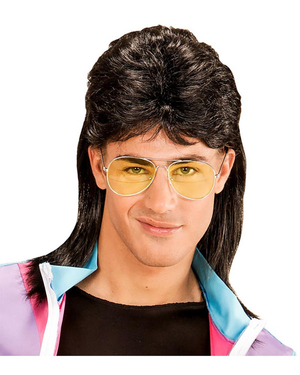 80s Black Mullet Wig and Glasses Set