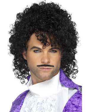 80s Purple Musician Black Wig and Moustache Set