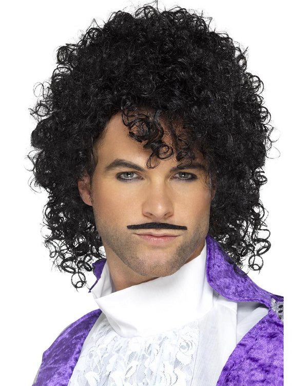 80s Purple Musician Black Wig and Moustache Set
