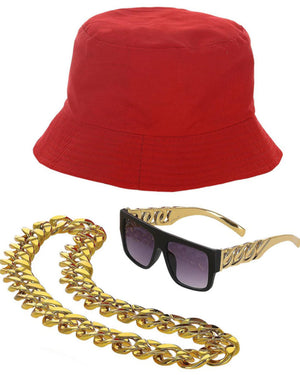 90s Hip Hop Bucket Hat Sunglasses and Necklace