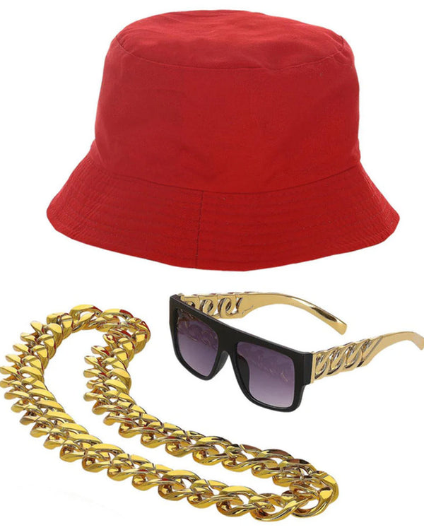 90s Hip Hop Bucket Hat Sunglasses and Necklace