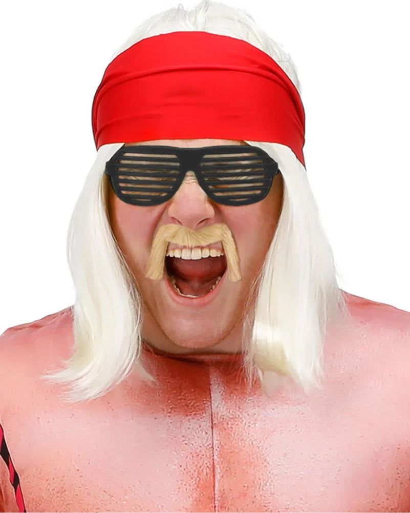 90s Wrestling Star Platinum Blonde Wig Bandana Moustache and Sunglasses Set