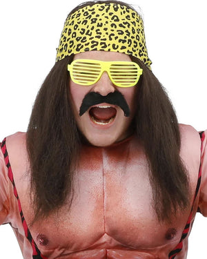 90s Wrestling Star Long Brown Wig Bandana Moustache and Sunglasses Set