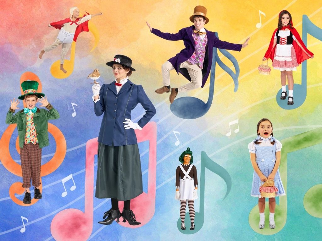 Collage of children and adult models wearing classic storybook costumes including the CostumeBox Exclusive Musical Nanny, Chocolate Factory Owner and Worker, Maddest Hatter, Girl From Oz, Storybook Red Riding Hood, and Underwear Hero. Posed over a colorful watercolor background featuring giant musical notes and staff lines.