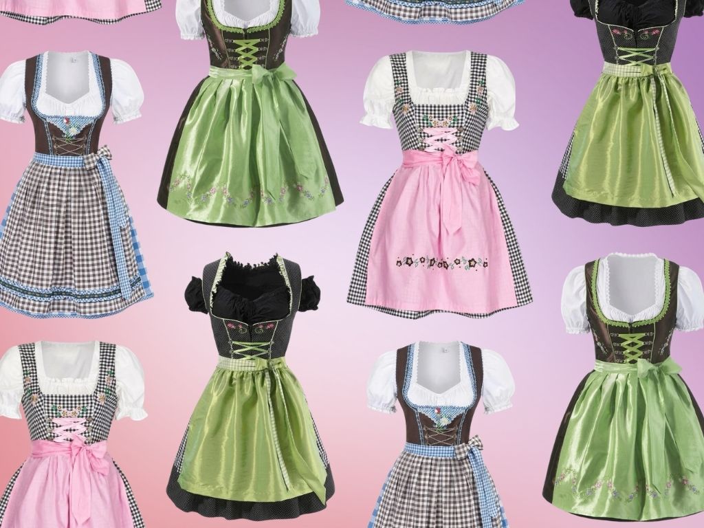 Grid pattern of traditional women's Oktoberfest dirndl dresses designed by costumeBox. Featuring green, pink, black, and blue-checked designs displayed against a soft pink-to-purple gradient background.