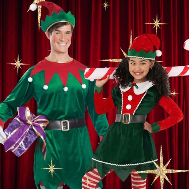 A red curtain background with gold stars and a man and girl in Elf costumes. Click to shop all Christmas Elf Costumes. 