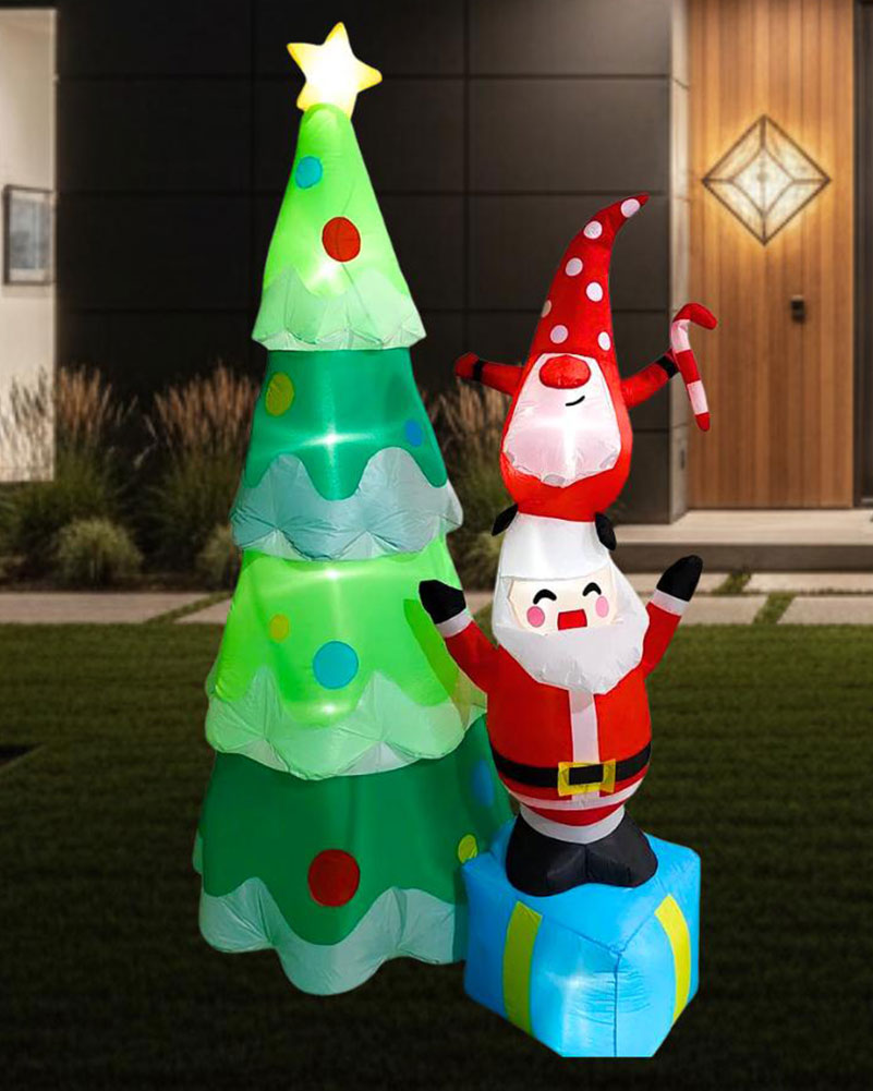 Christmas Tree with Elf Santa Claus and Gift Box Lawn Inflatable 2.1m