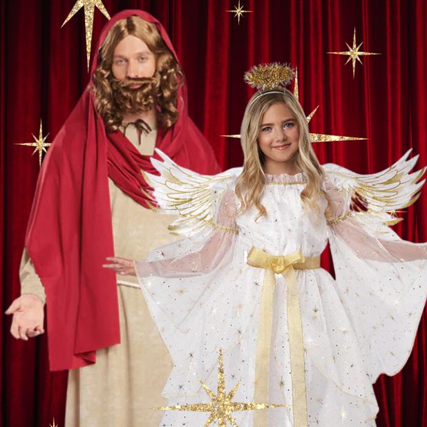 A red curtain background with gold stars and a man in a Jesus costume and girl in an angel costume. Click to shop all Nativity and Angels. 