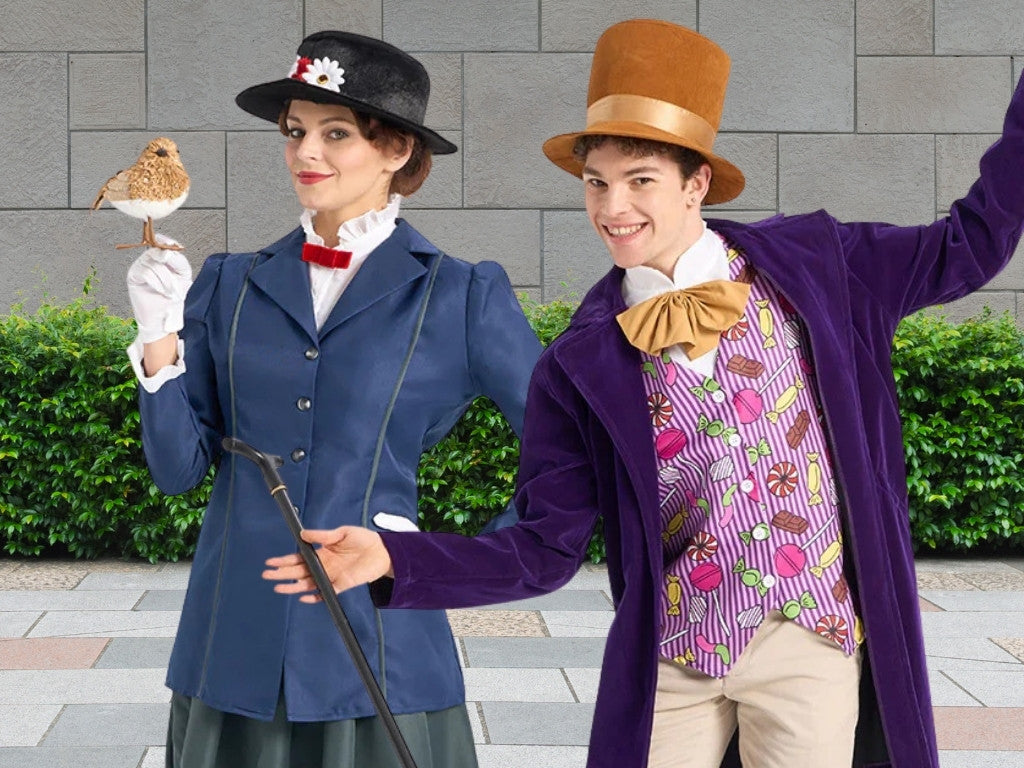 An outside background with a wall and shrub. Featuring our NEW CostumeBox Exclusive Musical Nanny and Chocolate Factory Owner Costumes. Click to shop all CostumeBox Exclusives.