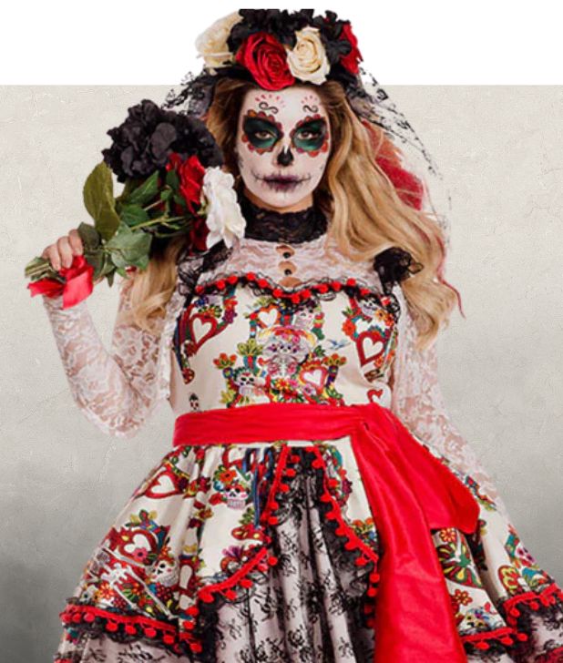 A woman wearing a Day of the Dead Halloween Costume holding a bouquet of flowers. Click to shop all Day of the Dead Halloween Costumes and Accessories. 