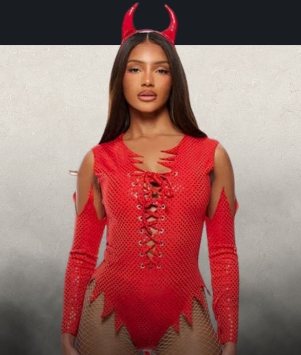 A beige background with black fog at the bottom. Features a Womens Devil character and the words. Click to shop all Devils and Angels Costumes and accessories.