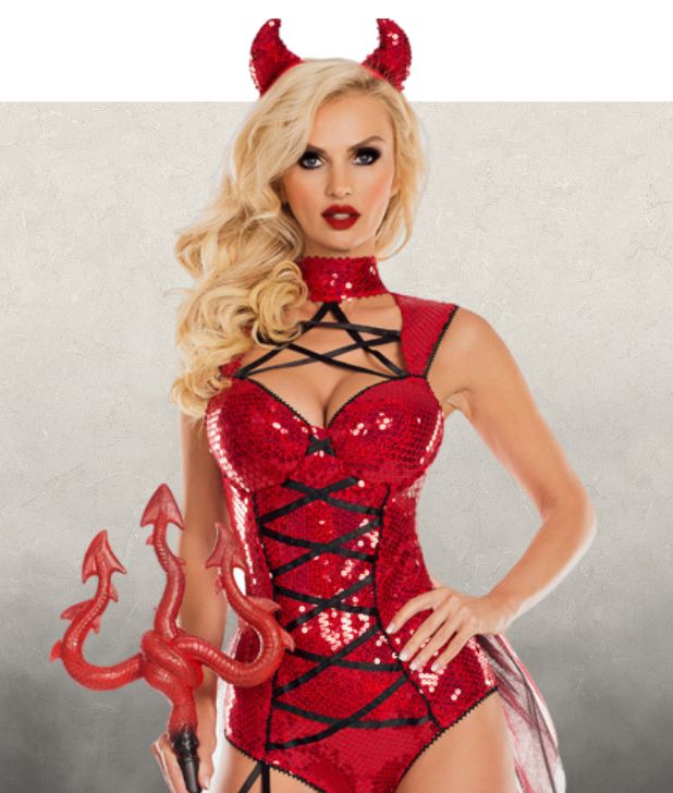 A woman wearing a devil Halloween Costume on a beige background. Click to shop all Saints and Sinners Halloween Costumes. 