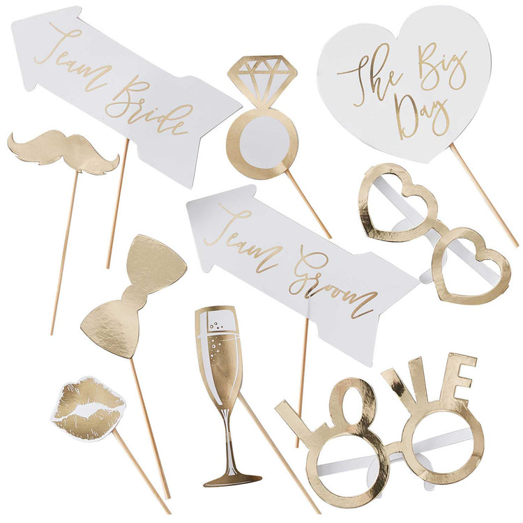 Gold Wedding Photo Booth Props Pack of 10