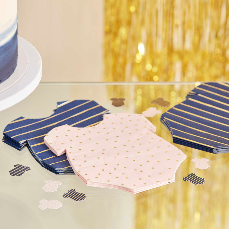 Gender Reveal Gold Foiled Pink And Navy Baby Grow Shaped Napkins Pack of 16
