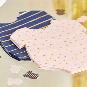 Gender Reveal Gold Foiled Pink And Navy Baby Grow Shaped Napkins Pack of 16