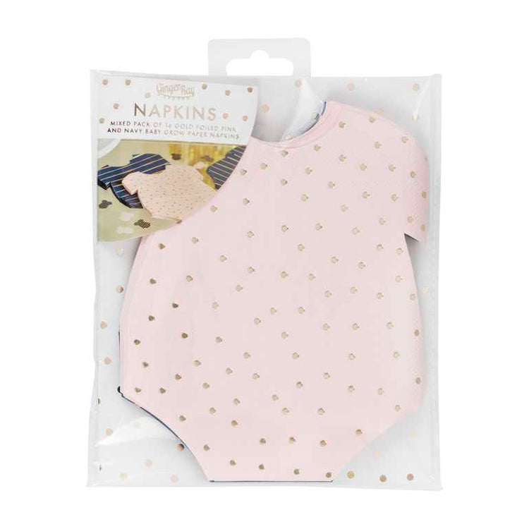 Gender Reveal Gold Foiled Pink And Navy Baby Grow Shaped Napkins Pack of 16