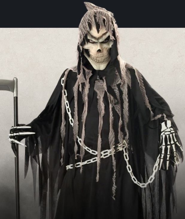 A beige background with black fog at the bottom. Features a Mens Skeleton Grim Reaper. Click to shop all Ghosts and Reapers Costumes and accessories.