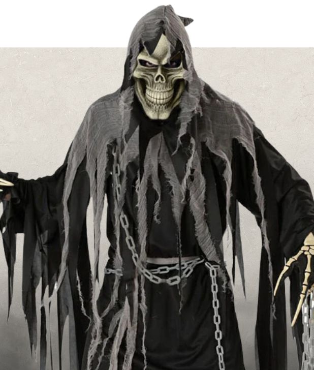 A skeleton grim reaper costume on a beige background. Click to shop all Ghosts and Reapers Halloween Costumes. 