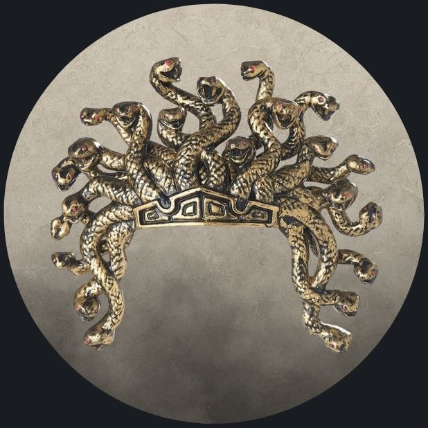 A beige circle with a Medussa gold snake headpiece. Click to shop all halloween hats and headwear.