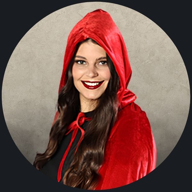 A beige circle with a woman wearing a red velvet cape. Click to shop all Halloween Capes. 
