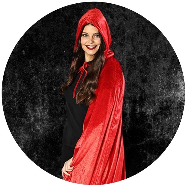 A black circle with a woman wearing a red velvet cape. Click to shop all Halloween Capes. 
