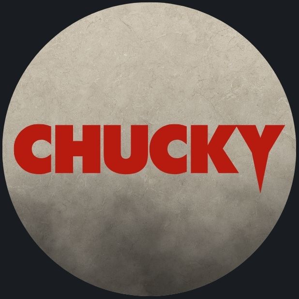 A beige circle with the CHUCKY logo in red. Click to shop all Chucky Halloween Costumes. 
