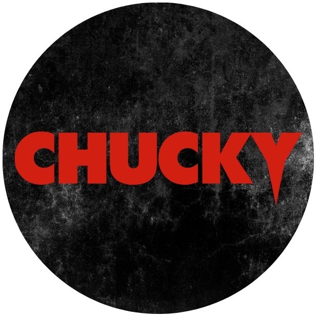 A black circle with the CHUCKY logo in red. Click to shop all Chucky Halloween Costumes. 