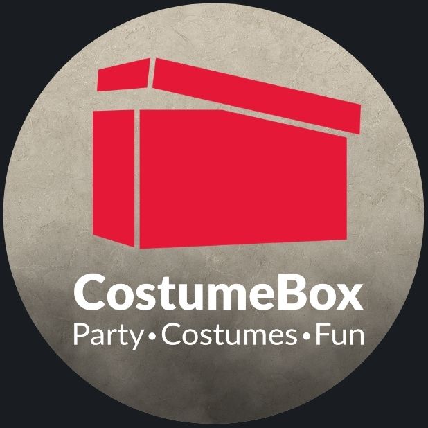 A beige circle with the a red and white CostumeBox Logo.