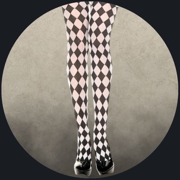 A beige circle with womens legs wearing a black and white checkered stocking. Click to shop all Halloween Hosiery. 