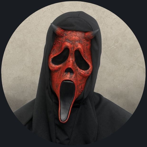 A beige circle with a Scream Ghost Face Devil mask. Click to shop all Halloween Masks.