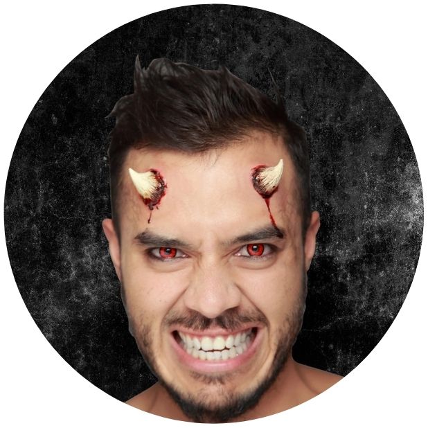 A black circle and a mans face with SFX horns. Click to shop all Halloween Makeup and SFX.