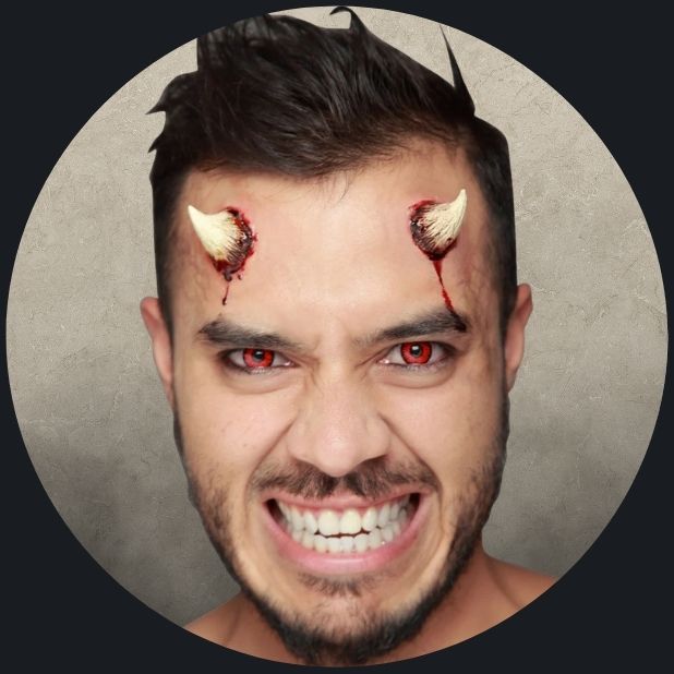 A beige circle and a mans face with SFX horns. Click to shop all Halloween Makeup and SFX.