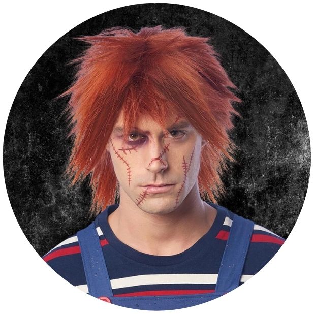 A black circle with a man wearing a Chucky Wig. Click to shop all Halloween Wigs.