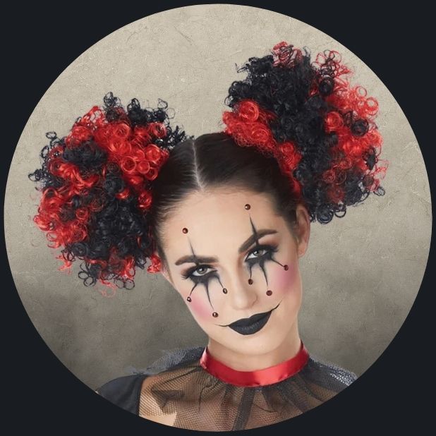 A beige circle with a lady wearing a black and red clown Wig. Click to shop all Halloween Wigs.