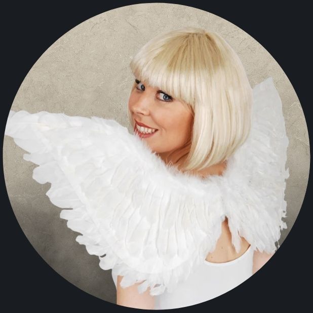 A beige circle with a woman wearing white feathered wings. Click to shop all Halloween Wings and wands.