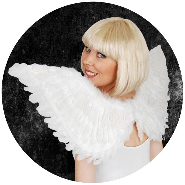 A black circle with a woman wearing white feathered wings. Click to shop all Halloween Wings and wands.