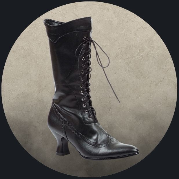 A beige circle with a black hightop, point toe and lace up boot. Click to shop all Halloween Boots and Foot Wear.