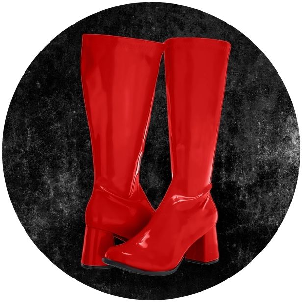 A black circle with red knee high Go Go Boots. Click to shop all Halloween Boots and Foot Wear.