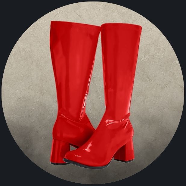 A beige circle with red knee high Go Go Boots. Click to shop all Halloween Boots and Foot Wear.