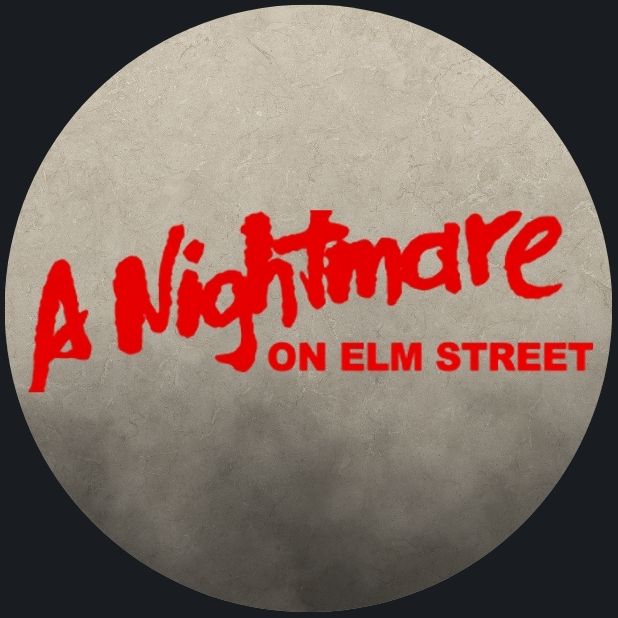 A beige circle with a Nightmare on Elm Street Logo in red 