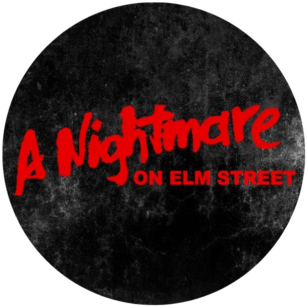 A black circle with a Nightmare on Elm Street Logo in red 