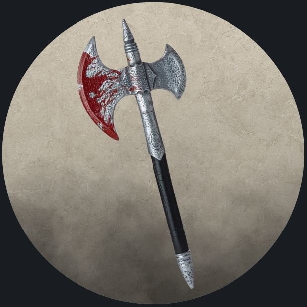 A beige circle with a bloody sword prop. Click to shop all Halloween Weapons and Armour.