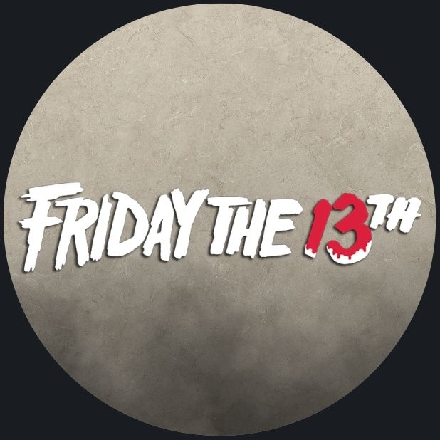 A beige circle with the Friday the 13th logo in white and red. Click to shop all Friday the 13th Halloween Costumes. 