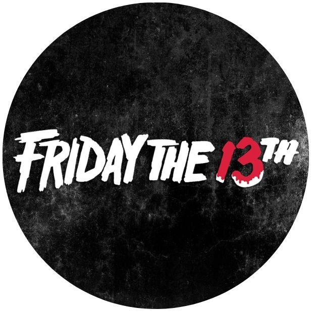 A black circle with the Friday the 13th logo in white and red. Click to shop all Friday the 13th Halloween Costumes. 