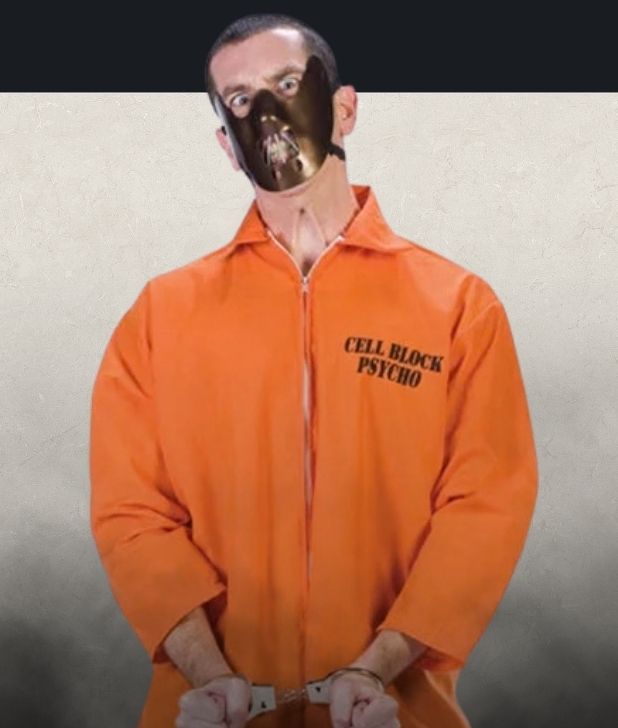 A beige background with black fog at the bottom. Features a Mens Prisoner character. Click to shop all Asylum Costumes and accessories.