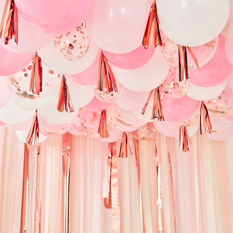 Mix It Up Blush White And Rose Gold Balloon Ceiling With Tassels