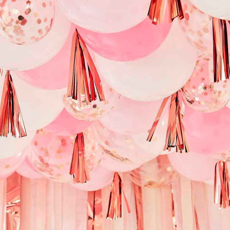 Mix It Up Blush White And Rose Gold Balloon Ceiling With Tassels