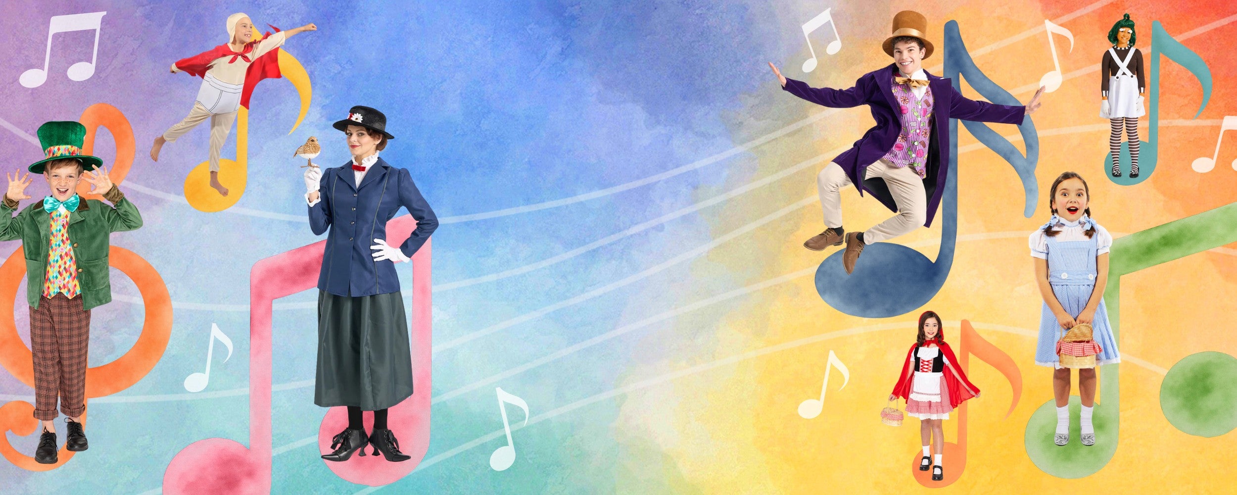 A colorful Book Week banner featuring children in various literary character costumes jumping and posing across a vibrant, rainbow-colored background with musical notes and staff lines. Characters featured: Chocolate Factory Owner Deluxe Costume, Underwear Hero Kids Costume, Musical Nanny Deluxe, Storybook Red Riding Hood Girls Costume, Girl from Oz Deluxe Girls Costume, Maddest Hatter Kids Costume & the Chocolate Factory Worker Deluxe Girls Costume. Click to shop all Book Week Costumes.