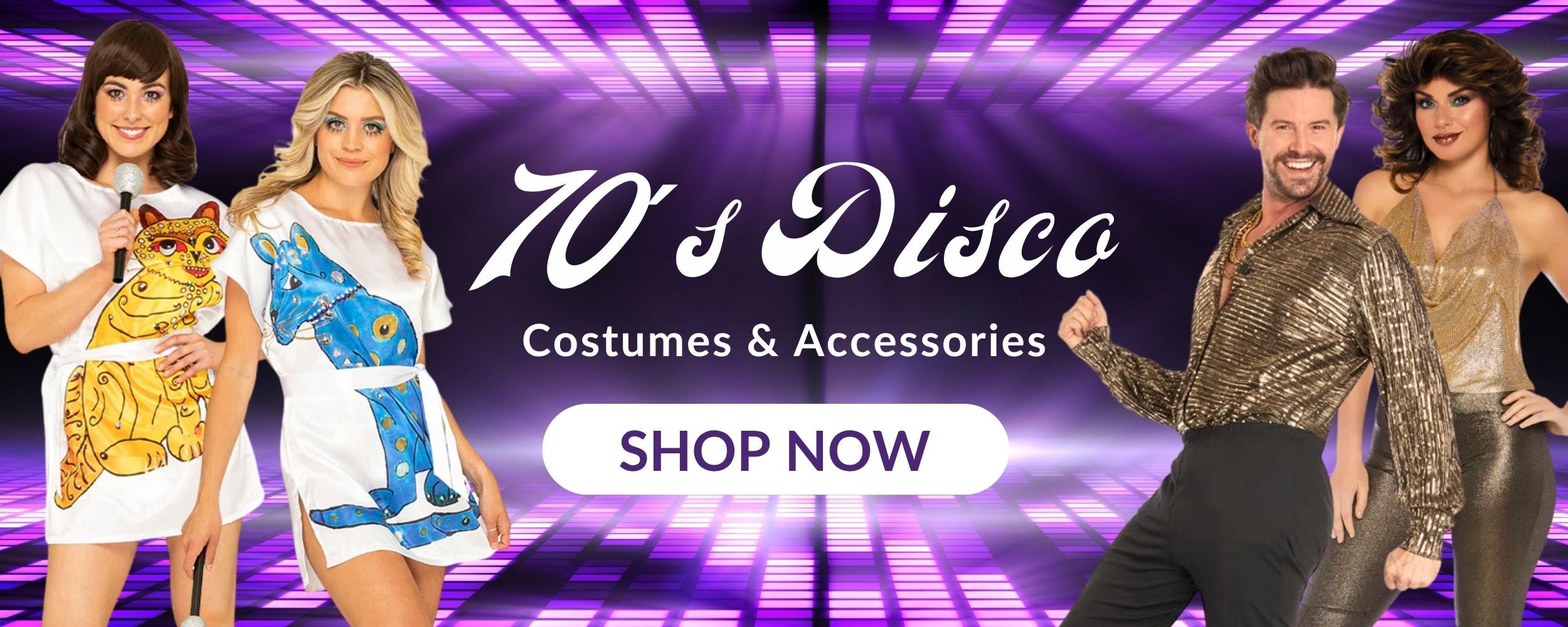 Four models wearing 70s disco costumes and wigs posed against a purple illuminated dance floor background, with white text reading "70's Disco Costumes & Accessories" and a white "SHOP NOW" button in the center.