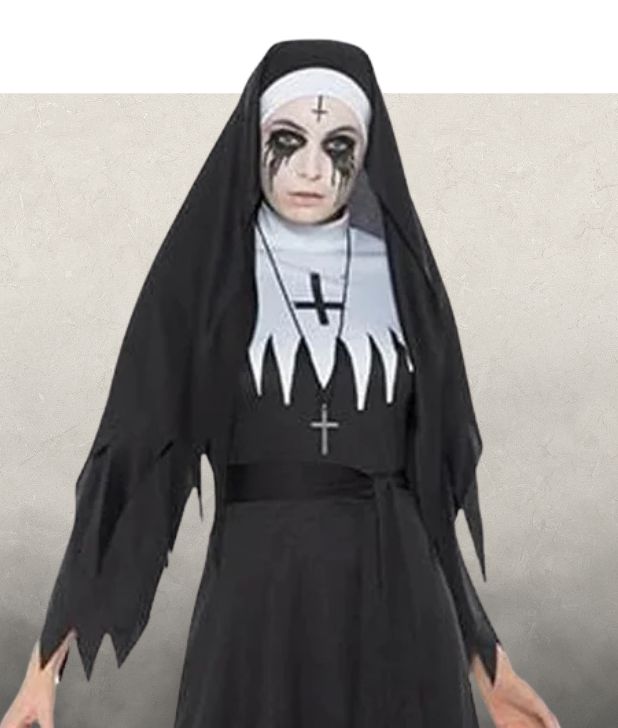 A woman wearing a haunted Nun costume. Click to shop all saints and sinners Halloween Costumes. 